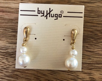 Vintage Faux Pearl Earrings | Deadstock By Hugo Drop Earrings Dangly Pearl Gold Tone Earrings Vintage Jewelry