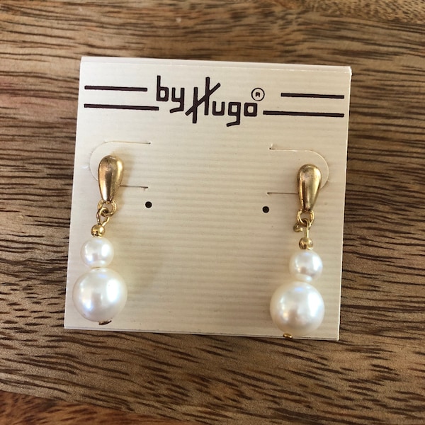 Vintage Faux Pearl Earrings | Deadstock By Hugo Drop Earrings Dangly Pearl Gold Tone Earrings Vintage Jewelry