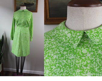 1960s Vintage Blouse & Skirt Set | Size S | Vintage Green and White Floral Patterned Long Sleeve Midcentury Outfit Mod Twee Size Small