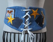 Upcycled Denim Waist Cincher Size S M Sustainable Fashion Vintage Upcycle Jean Corset Lace Up Patches Size Small Medium