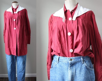 Vintage 1940s Uniform Blouse | Large Long Sleeve Work Shirt Vintage Size L