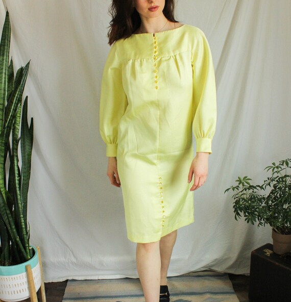 BugBVintage 1960s Canary Yellow Dress | Button Up Dress | Pale Yellow | Long Sleeve Dress | Baggy Dress | Pastel Yellow Dress | Easter Dress | Size M
