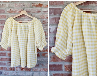 Off-Shoulder Picnic Blouse | Gingham Yellow Top | Short Puffy Sleeve Blouse | Spring Top | Vintage Shirt | Medium / Large Blouse