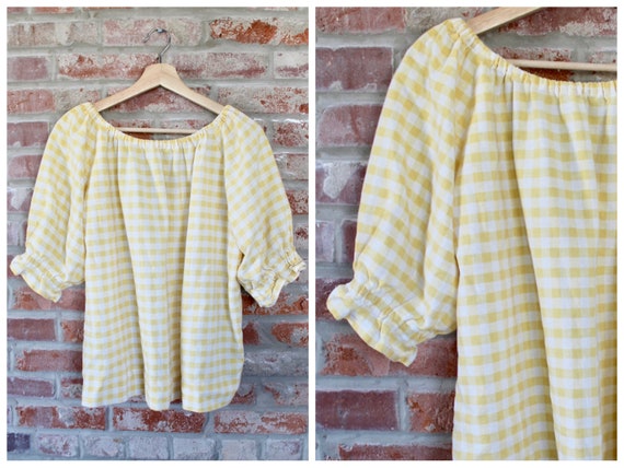 Off shoulder Picnic Blouse Gingham Yellow Top Short Puffy Sleeve Blouse Spring Top Vintage Shirt Medium Large Blouse Etsy UK