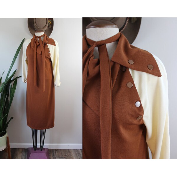 80s Vintage Knit Dress | Size L | Brown and White Collared Stretchy Dress with Shoulder Pads 1980s Unique Vintage Nili II Size Large