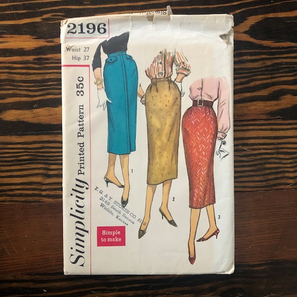 Vintage 1950s Simplicity 2196 Skirt Pattern | Paper Pattern Womens 1950s Wiggle Skirt Sewing Pattern 27 Inch Waist Pre-Cut and Complete