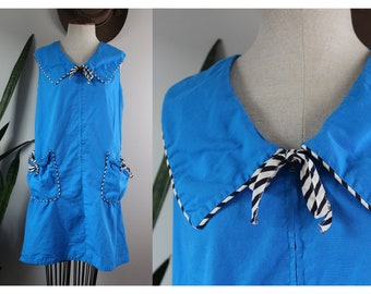 Vintage 1960s Mini Dress | Size L | Home Sewn Blue Collared Dress Zip Down Sleeveless Dress Size Large