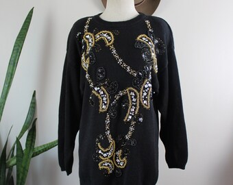 Vintage 80s Sparkle Sweater | Size M | 1980s Vintage Sequin Shoulder Pad Black Sweater Long Sleeve Victoria Harbour Size Medium