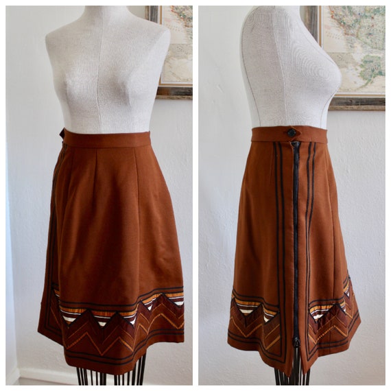 Vintage 70s Geometric Skirt | Brown A Line High W… - image 1