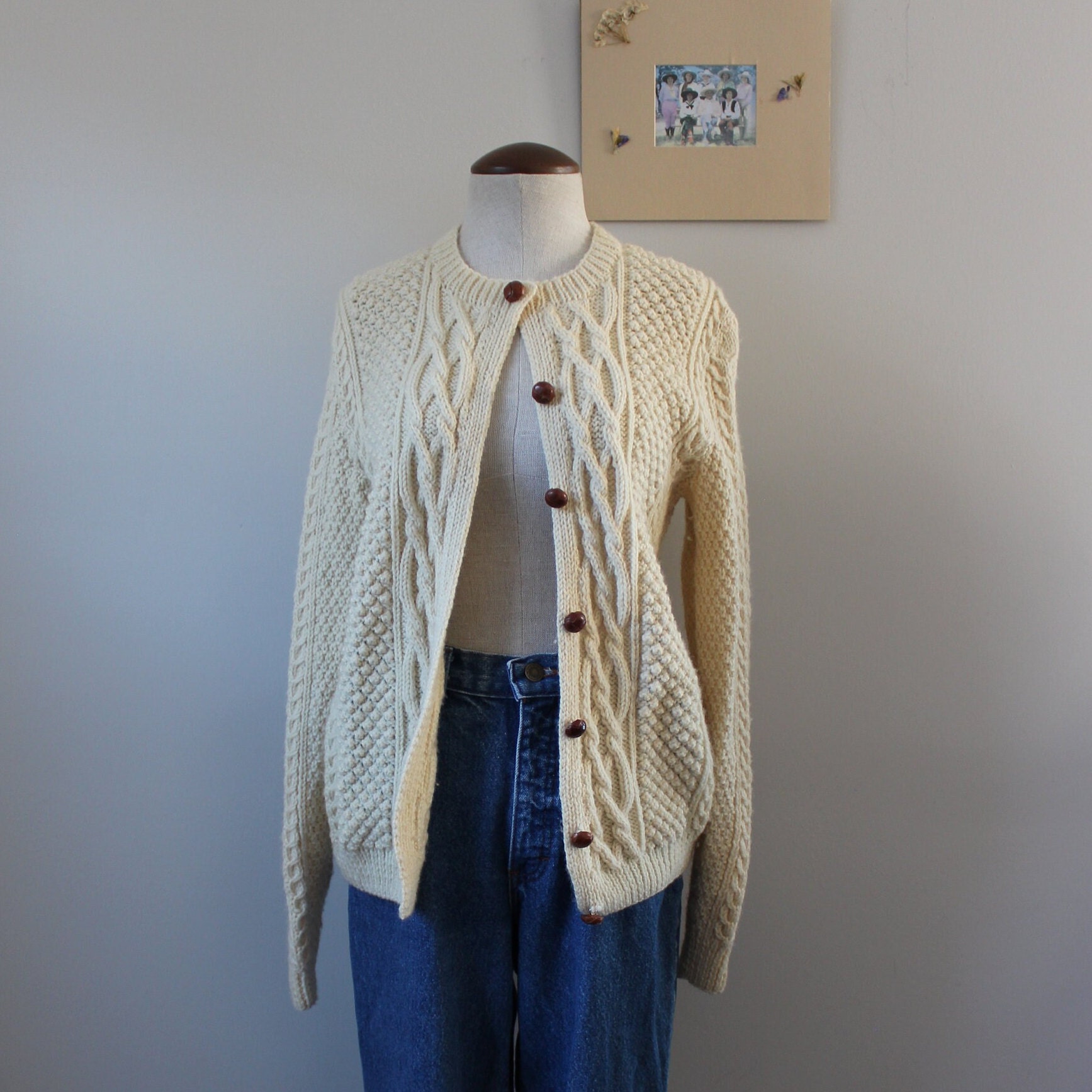 1950s Hand Knit Cardigan | Size M | Vintage Cable Knit Seed