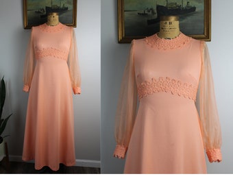 Vintage 1970s Peach Dress | Size 12 | M/L Vintage Warm Pink Long Sleeve Sheer Maxi Dress Size Large 12