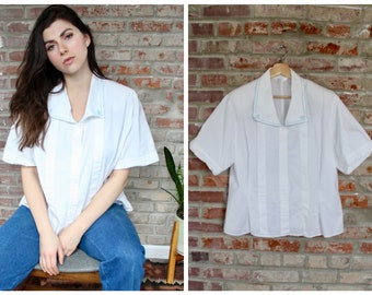 80s Collared Short Sleeve | Vintage Shirt | Vintage Clothing | Medium White Button Down | Vintage Blouse | Minimalist Clothing | Size M