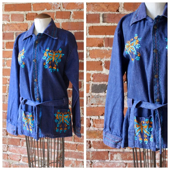 70s Butterfly Denim Top | Woodstock Button Down |