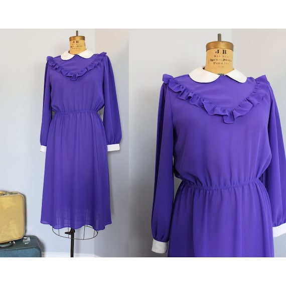 Vintage 80s Purple Collared Dress Size 10 L Lightweight Long Sleeve Ruffle Peter Pan Collar Royal Purple Polyester Dress Size Large Etsy Canada