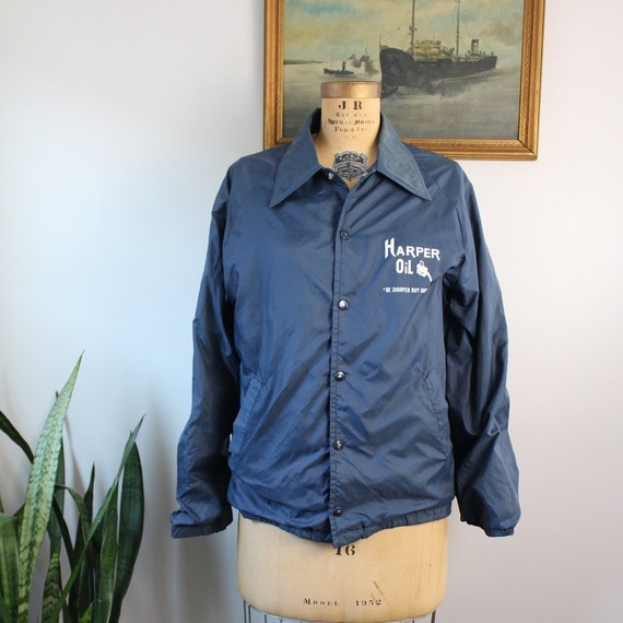 Vintage 70s Oil Work Jacket Size M Vintage Mens Workwear Vintage 1970s Dark Navy Blue Snap Collared Jacket Size Medium Etsy
