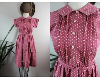 Vintage 1970s Cotton Dress | Size M | Pink and White Collared Short Sleeve Dress Vintage Mid Century 70s Dress Size Medium