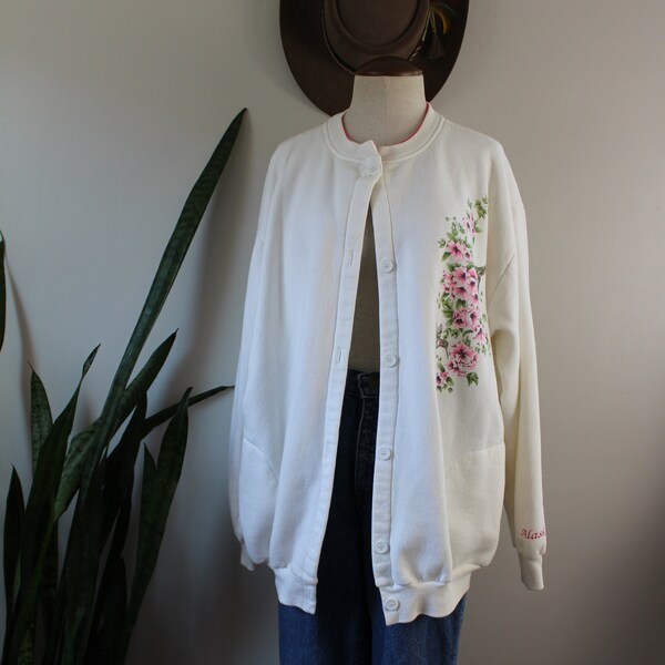 Vintage 90s Sweatshirt Cardigan | Size XXL | Granny Sweatshirt 1990s Clothing Alaska Flower Cardigan Size Extra Extra Large