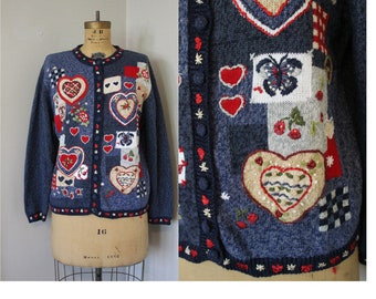 Vintage Y2K Hearts Cardigan | Size L | Cotton Blend Button Down Long Sleeve Early 2000s Knit Sweater Blue Heirloom Collectables Size Large