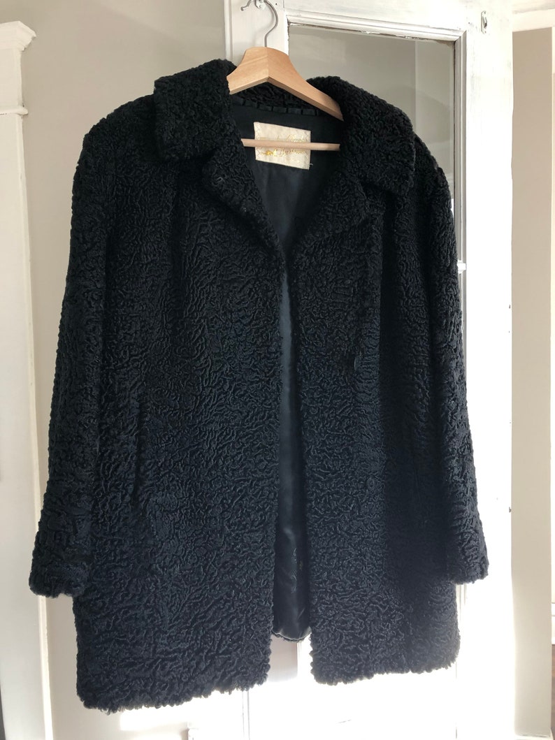 Vintage Lamb Coat Fur by Clyde Bertrum Flint Michigan Black Fur Coat Curly Sheepskin Black Dress Coat Winter Size M L 1950s 60s image 6