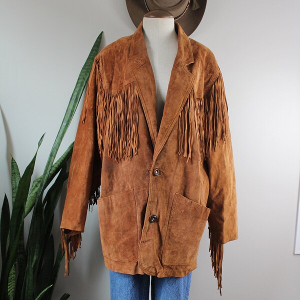 Vintage Fringe Leather Coat | Size L | Fringed Hippie Jacket Blazer G-III Leather Jacket 80s 1980s Size Large