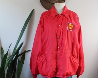 Vintage 60s Shell Oil Jacket | Size L | Red Bomber Snap Down Collared Coat West Wind Buccaneer 1960s 70s Work Wear Size Large