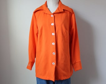 1970s Blaze Orange Button Down | Size L | Vintage Hunter Orange 70s Collar Shirt Long Sleeve Blouse Size L