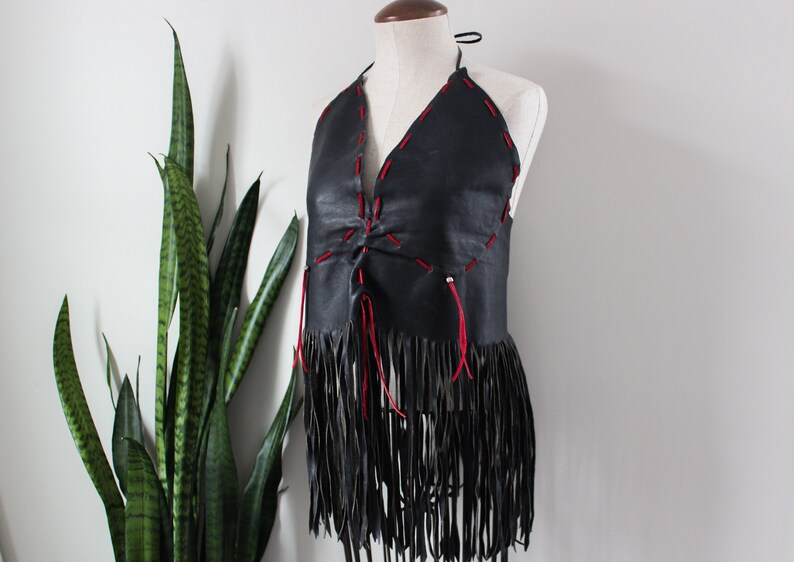 1960s Leather Biker Tank with Fringe Black Leather Hippie Clothing Vintage Tank Top Motorcycle Festival Clothing Vintage Leather Size M/L image 1