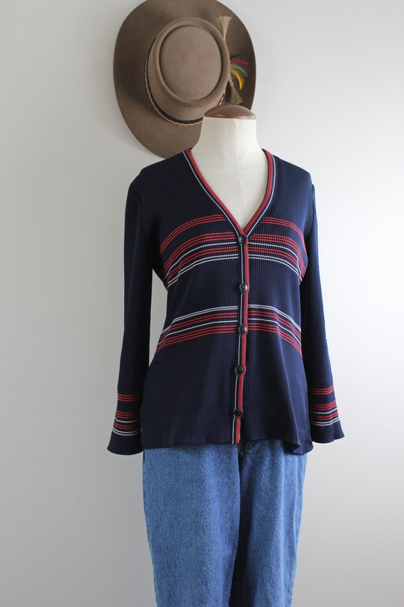 1960s Vintage Striped Cardigan | Size M | Navy Blu