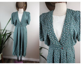 Vintage 1980s Floral Dress | Size M | Green and White Shoulder Pad 80s Maxi Dress Short Sleeve R. J. Stevens Size 6 Medium