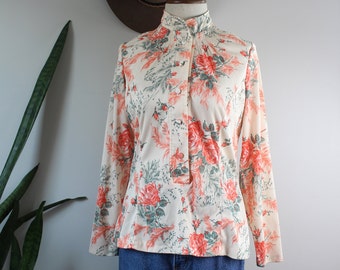 Vintage 70s Floral Print Blouse | Size M | Vintage Flower Shirt Button Down 70s Home Sewn Shirt Size Medium