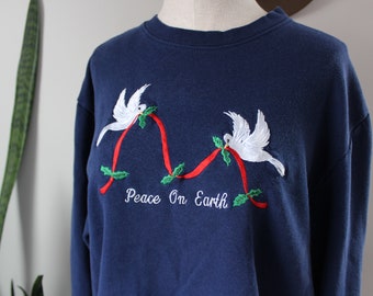 90s Peace On Earth Sweatshirt | Size L | Dark Blue Embroidered Sweatshirt with Doves Christian Crewneck Pullover Sweatshirt Size Large