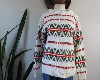 Vintage Y2K Cotton Ski Sweater | Size S | Oversize Vintage 2000s 00s Clothing Nordic Fair Isle Style Pullover Sweater Size Small