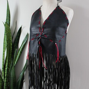 1960s Leather Biker Tank with Fringe Black Leather Hippie Clothing Vintage Tank Top Motorcycle Festival Clothing Vintage Leather Size M/L image 2