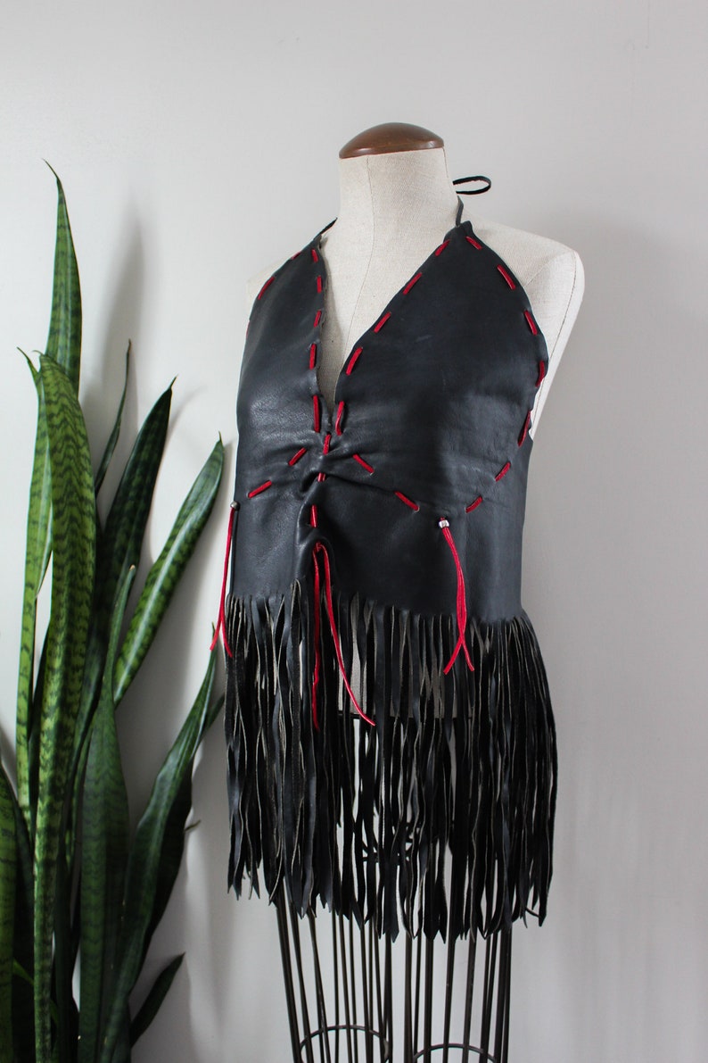 1960s Leather Biker Tank with Fringe Black Leather Hippie Clothing Vintage Tank Top Motorcycle Festival Clothing Vintage Leather Size M/L image 2