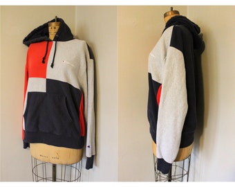 Vintage Champion Reverse Weave Color Block Hoodie | Size XL | Vintage 90s Y2K Champion Hooded Sweatshirt Size Extra Large