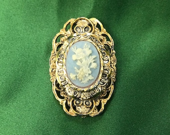 Vintage Faux Cameo Flower Brooch | Golden Tone Pin or Pendant Ornate Design with Flowers