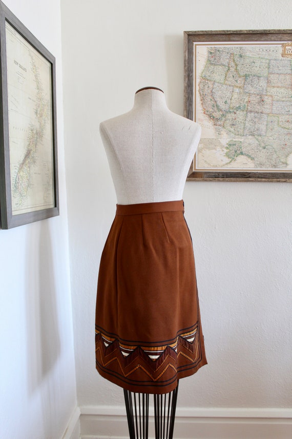 Vintage 70s Geometric Skirt | Brown A Line High W… - image 4