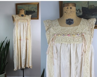 Antique 1920s Slip Dress | Size M | Vintage 20s Art Deco Floral Silk and Lace Flapper Underdress Slip Size Medium