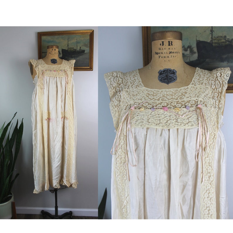 Antique 1920s Slip Dress Size M Vintage 20s Art Deco Floral Silk and Lace Flapper Underdress Slip Size Medium image 1