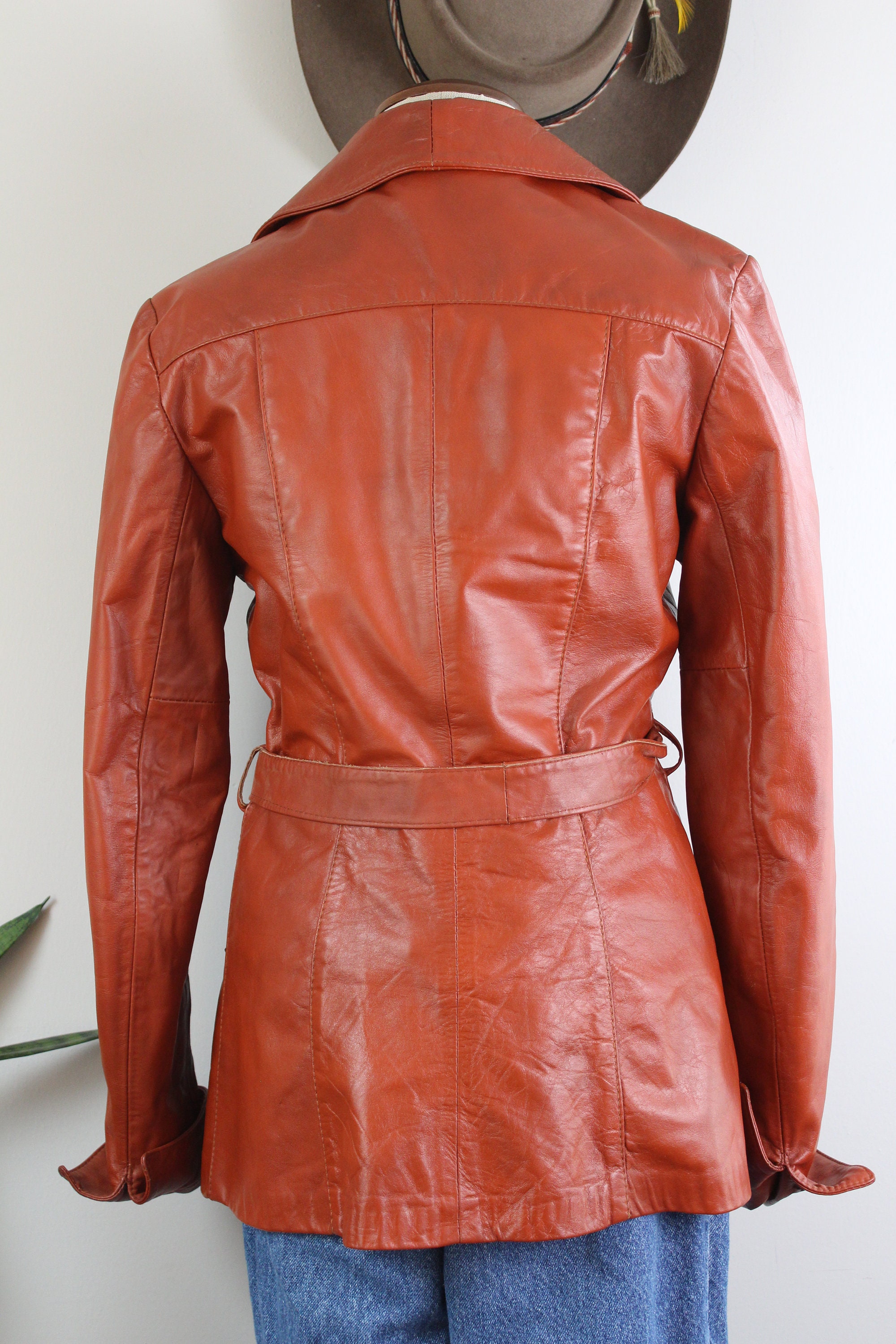 Vintage 1970s Leather Jacket Size S Brown Tan Leather Coat Wide 