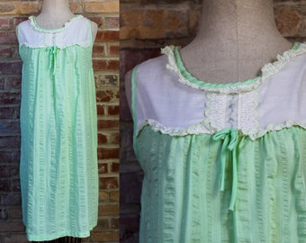 Vintage Cotton Slip Nightgown | Small | Light Green Lace Babydoll Nightie Size Small