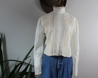 Antique Edwardian Shirtwaist | Size S | Vintage Cotton Crepe Voile Hand Stitched Eyelet Lace Long Sleeve White Blouse Size Small