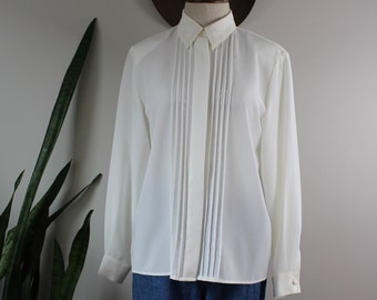 Vintage 80s Alfred Dunner Blouse | Size M | Vintage White Collared Shirt Pleated Long Sleeve Button Down Size Medium