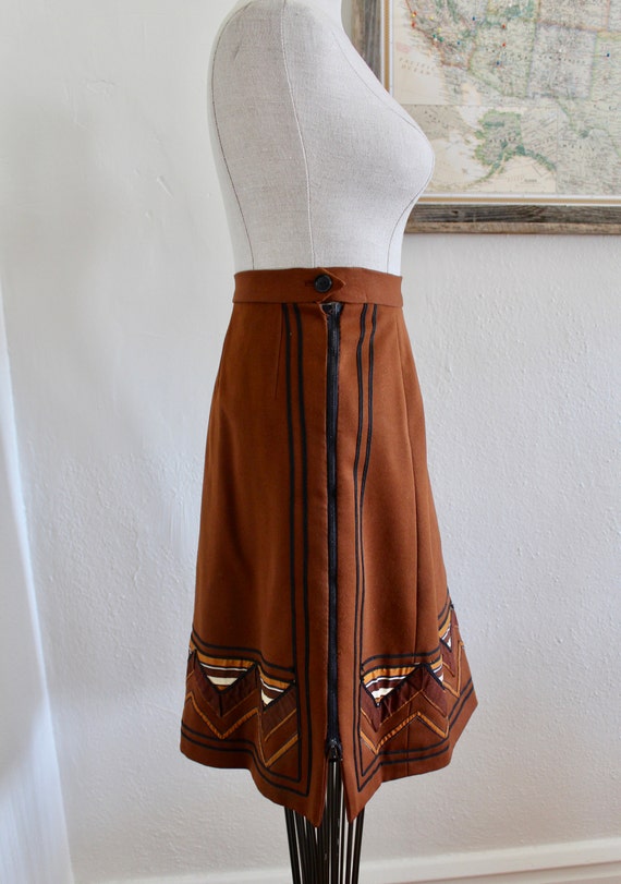 Vintage 70s Geometric Skirt | Brown A Line High W… - image 3