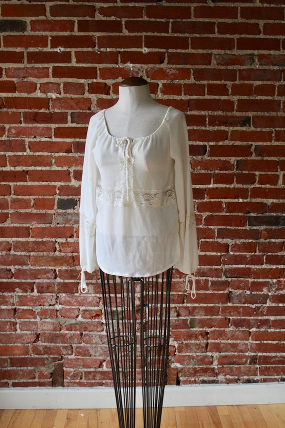 90s Peasant Blouse 1990s Vintage Top Long Sleeve Lace Blouse Long
