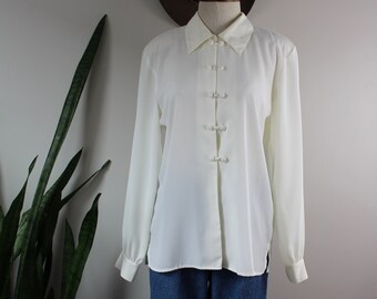 Vintage 1980s Button Down Blouse | Size S | White Polyester Blouse Novelty Buttons Asian Inspired Collared Shirt The Villager Size Small