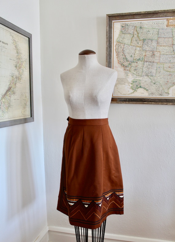 Vintage 70s Geometric Skirt | Brown A Line High W… - image 2