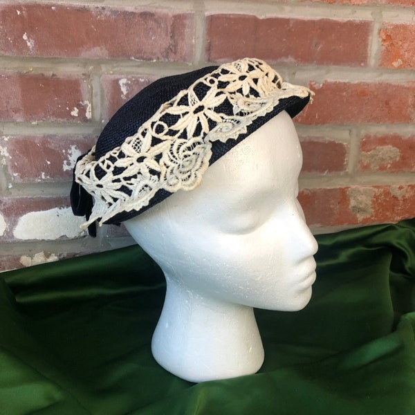 Vintage 1960s Lace Hat | 60s Fascinator Navy Blue Famous Barr Co Duby Hats New York