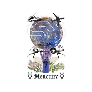 Peut inclure: Une illustration graphique représentant la planète Mercure texturée avec une superposition de circuit imprimé blanc. Les éléments incluent une main avec un stylo, un avion, une voiture décapotable vintage, deux oiseaux blancs, de la lavande et un rectangle bleu avec un symbole de caducée.
