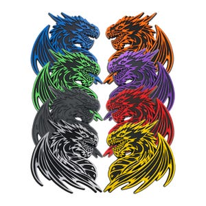 May include: Eight colorful dragon designs with intricate details. Each dragon is depicted with wings and a fierce expression. The dragons are arranged in a circle, with each dragon facing outward.